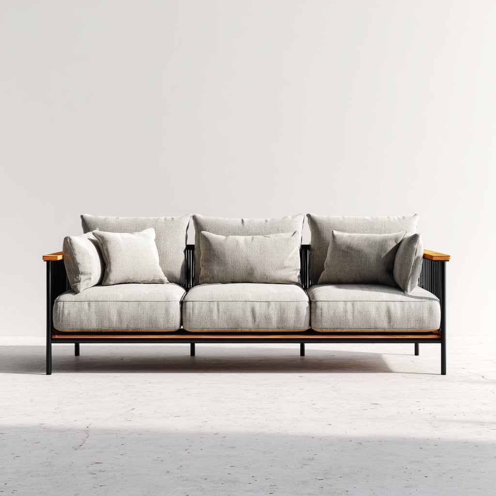 Sofás de exterior de metal y madera con cojines 218x82x76 cm - gris-negro-marrón - diseño moderno para jardín