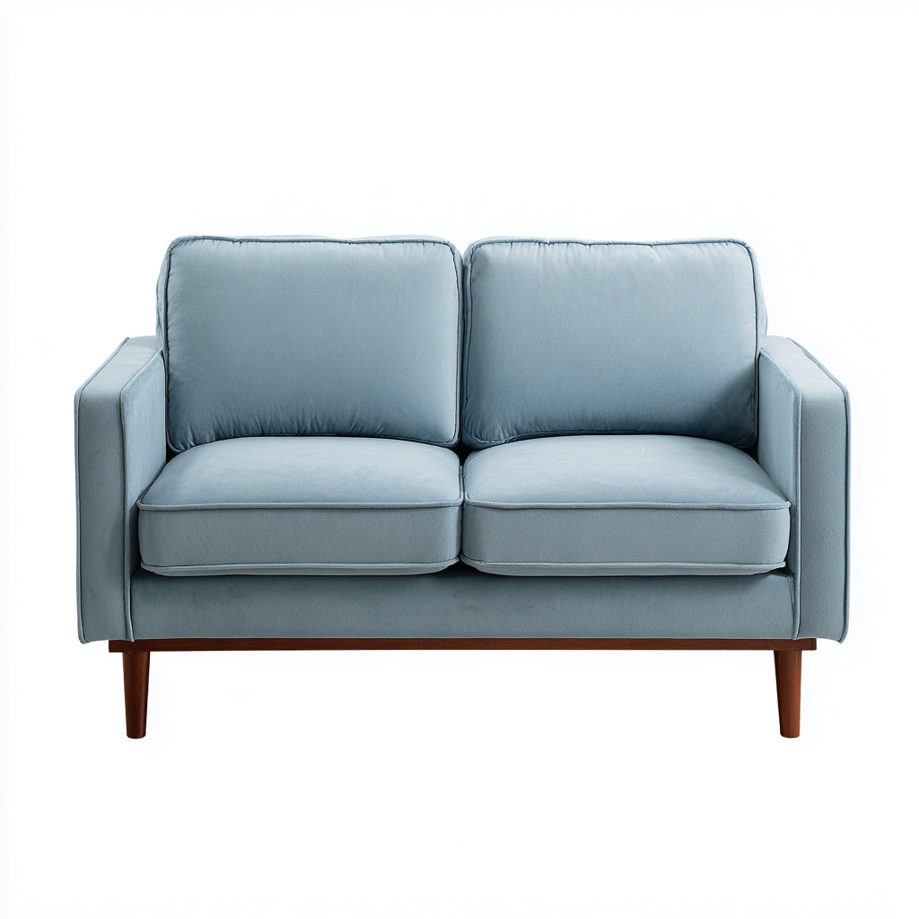 Sofás 2 plazas tapizados de tela con patas de madera 172x88x84 cm - azul claro-marrón - diseño moderno