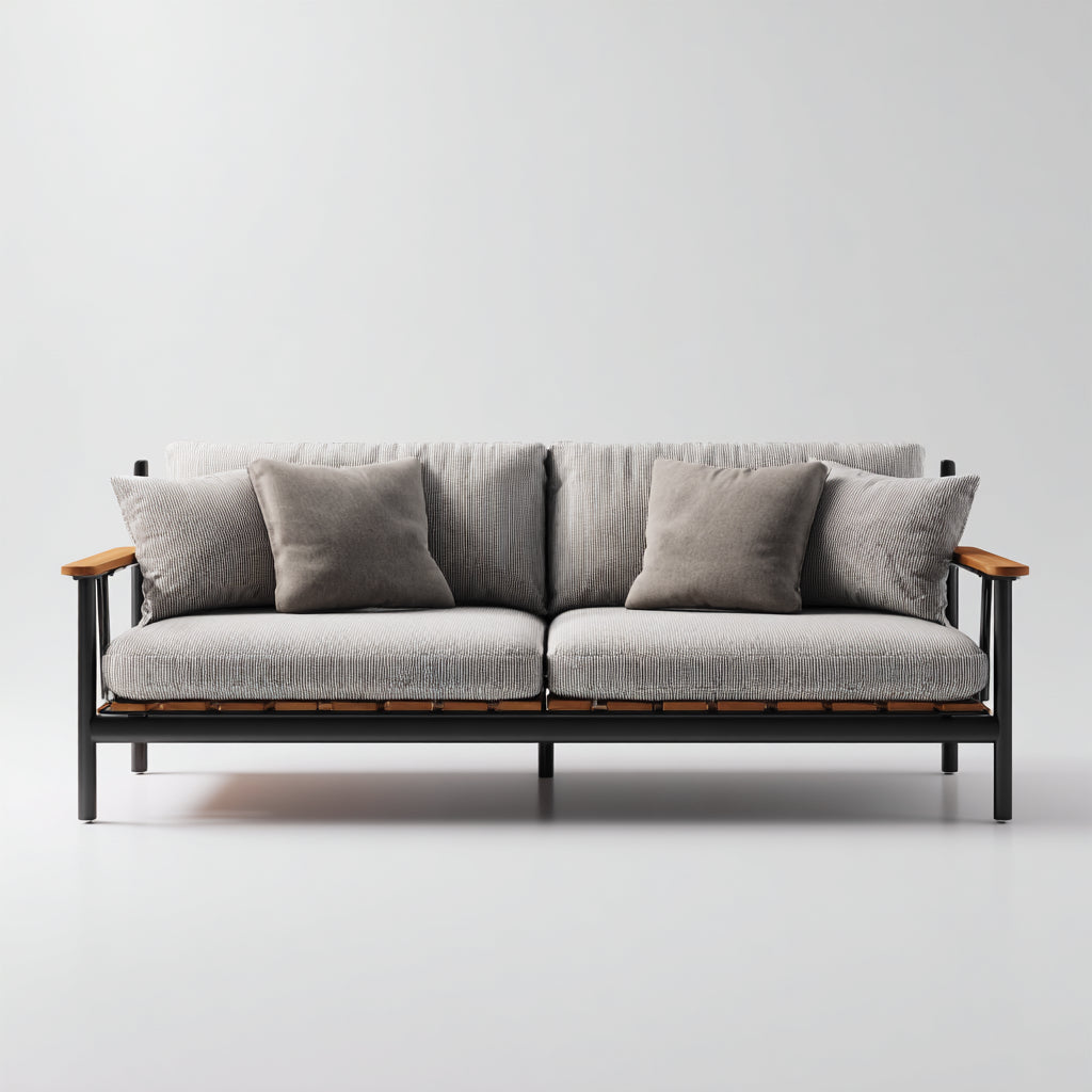 Sofás de exterior de 3 plazas con estructura metálica y detalles de madera 220x86x80 cm - gris-negro-marrón - estilo moderno