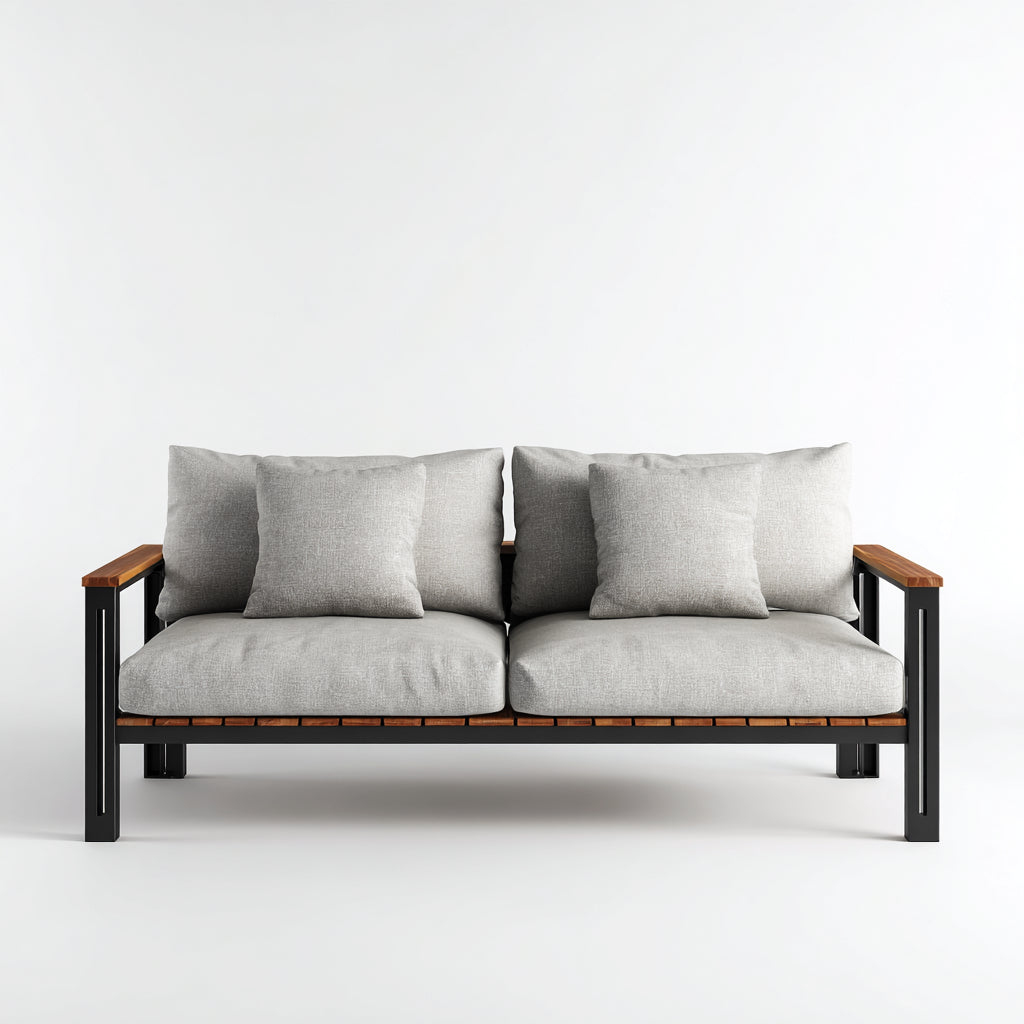 Sofás de exterior de metal y madera con cojines 185x78x75 cm - gris-negro-marrón - diseño moderno para jardín