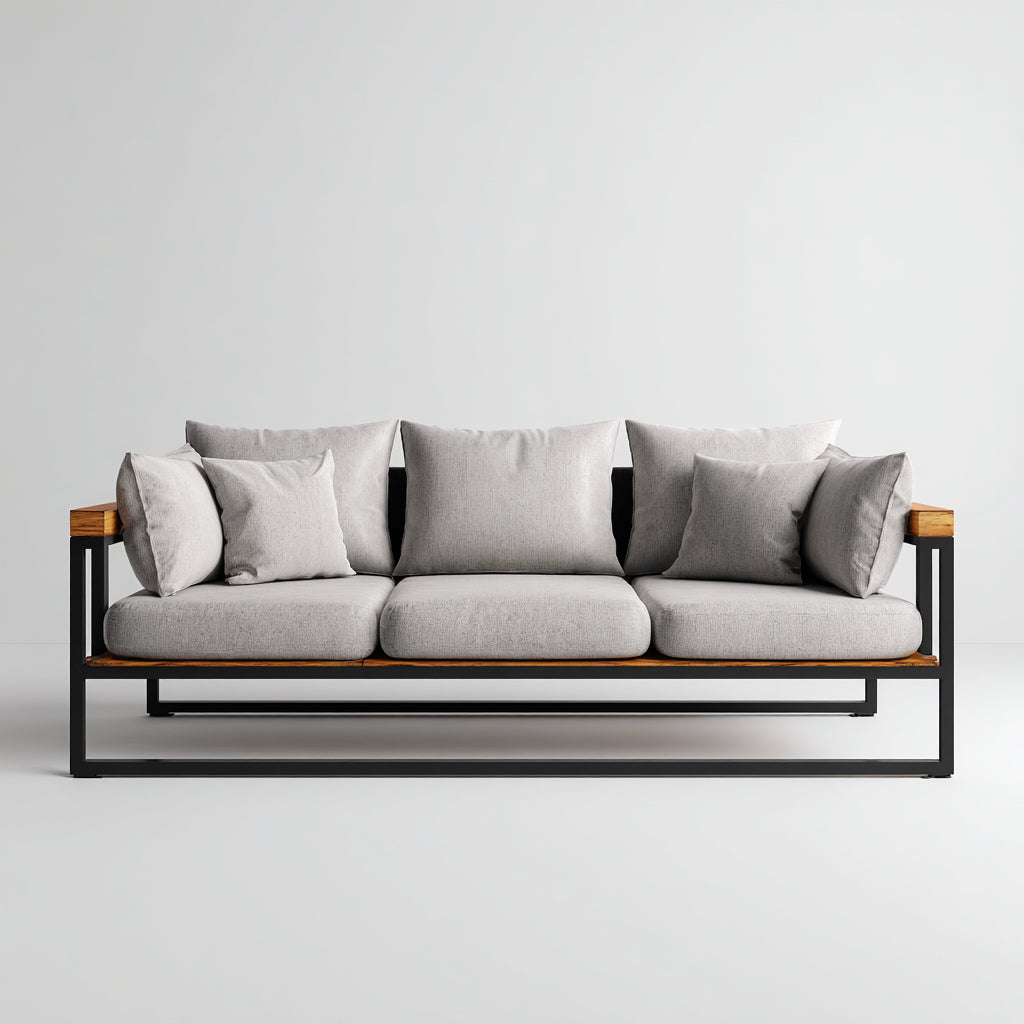 Sofás de exterior de 3 plazas con estructura metálica y detalles de madera 225x84x78 cm - gris-negro-marrón - estilo industrial