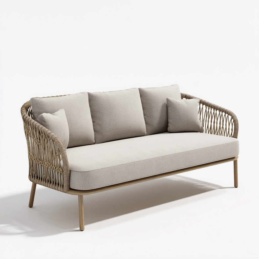 Sofás de exterior 210x78x82 cm - estructura de ratán y tapizado beige - diseño moderno para jardín