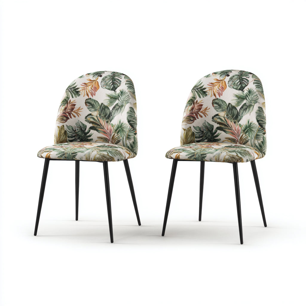 Sillas de comedor tapizadas con estampado vegetal 49x51x83 cm - blanco-verde-negro - diseño moderno