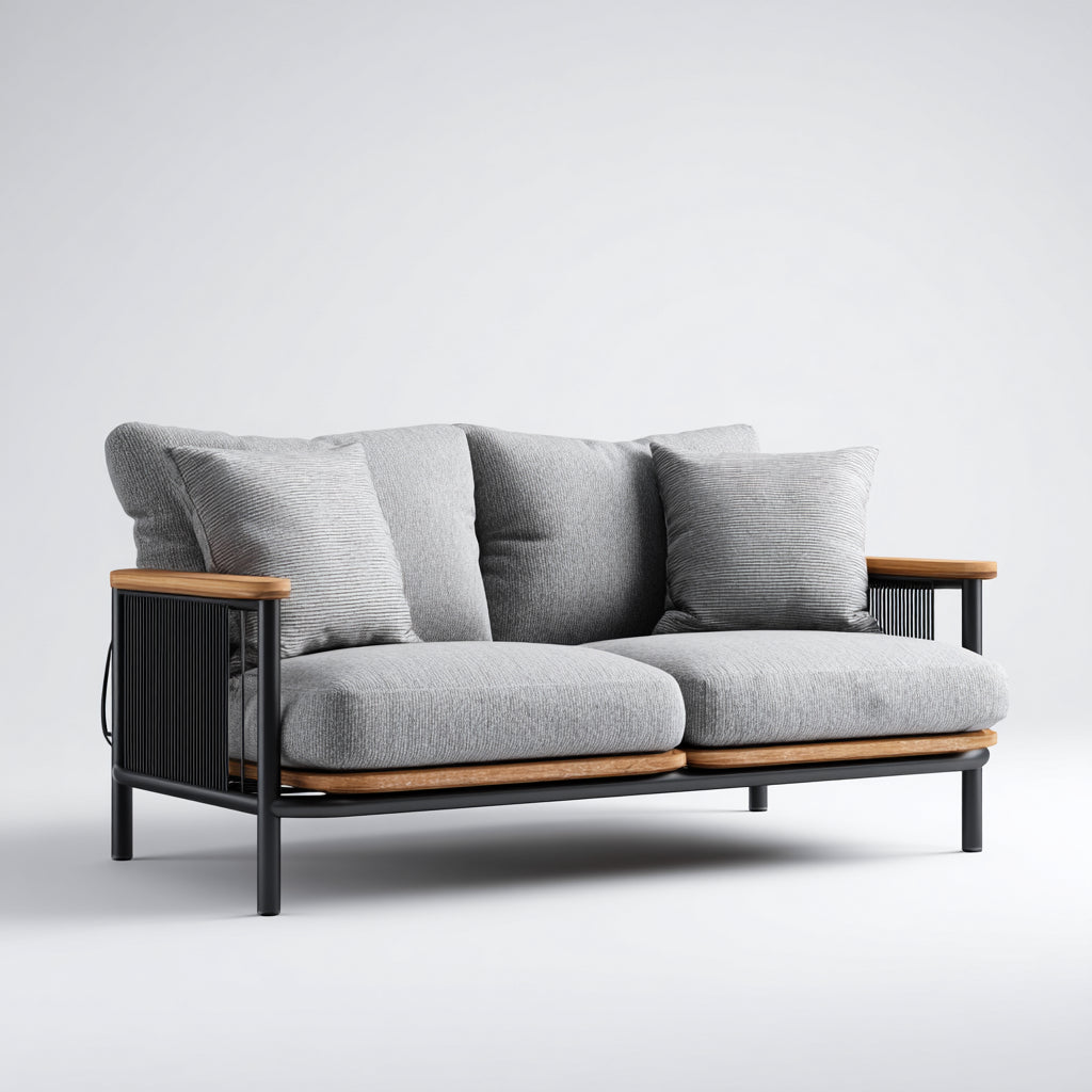 Sofá de exterior de aluminio y madera 200x90x75 cm - negro-gris - diseño moderno para jardín