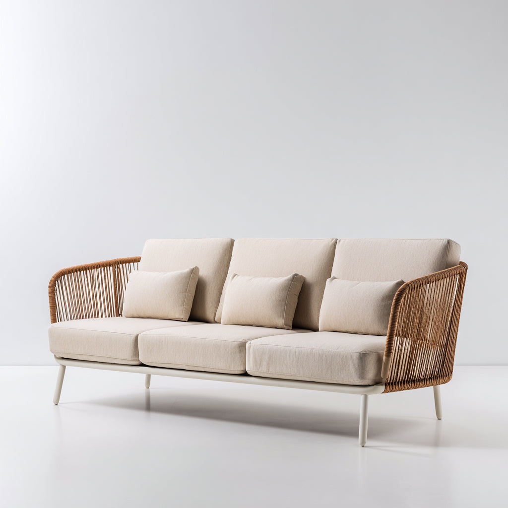 Sofás de exterior de 3 plazas con cuerda trenzada 214x82x79 cm - beige-blanco-marrón - estilo contemporáneo