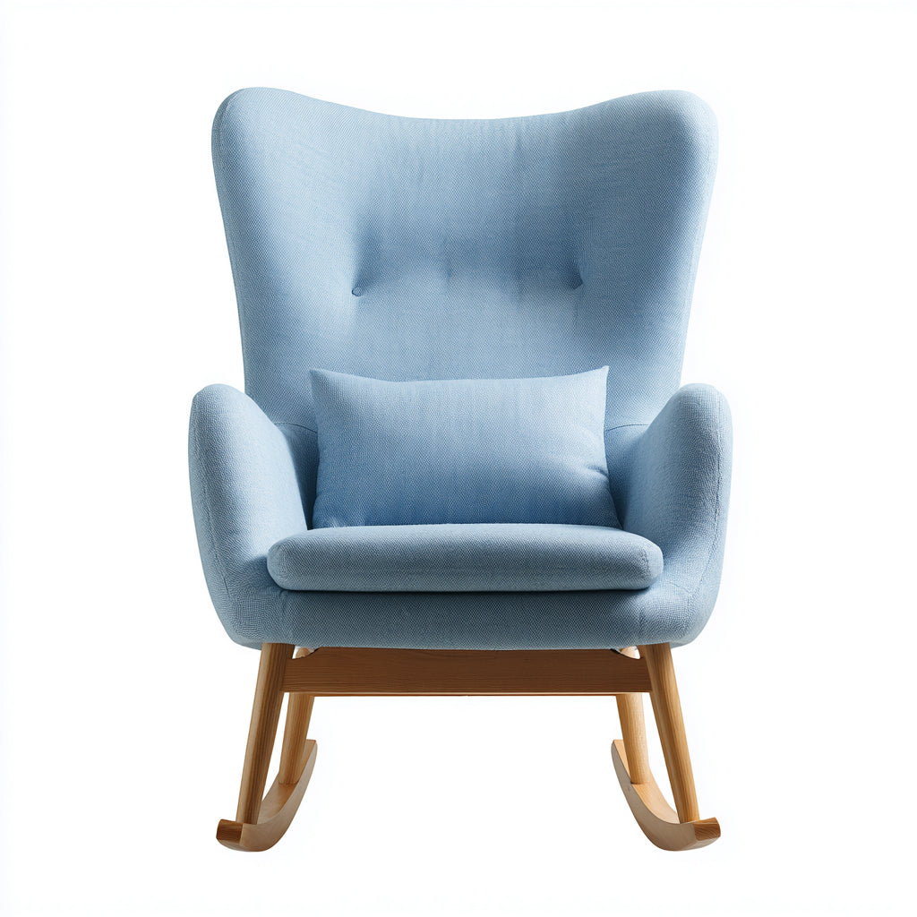 Mecedoras tapizadas de tela suave con base de madera 78x92x105 cm - azul claro-madera natural - diseño escandinavo