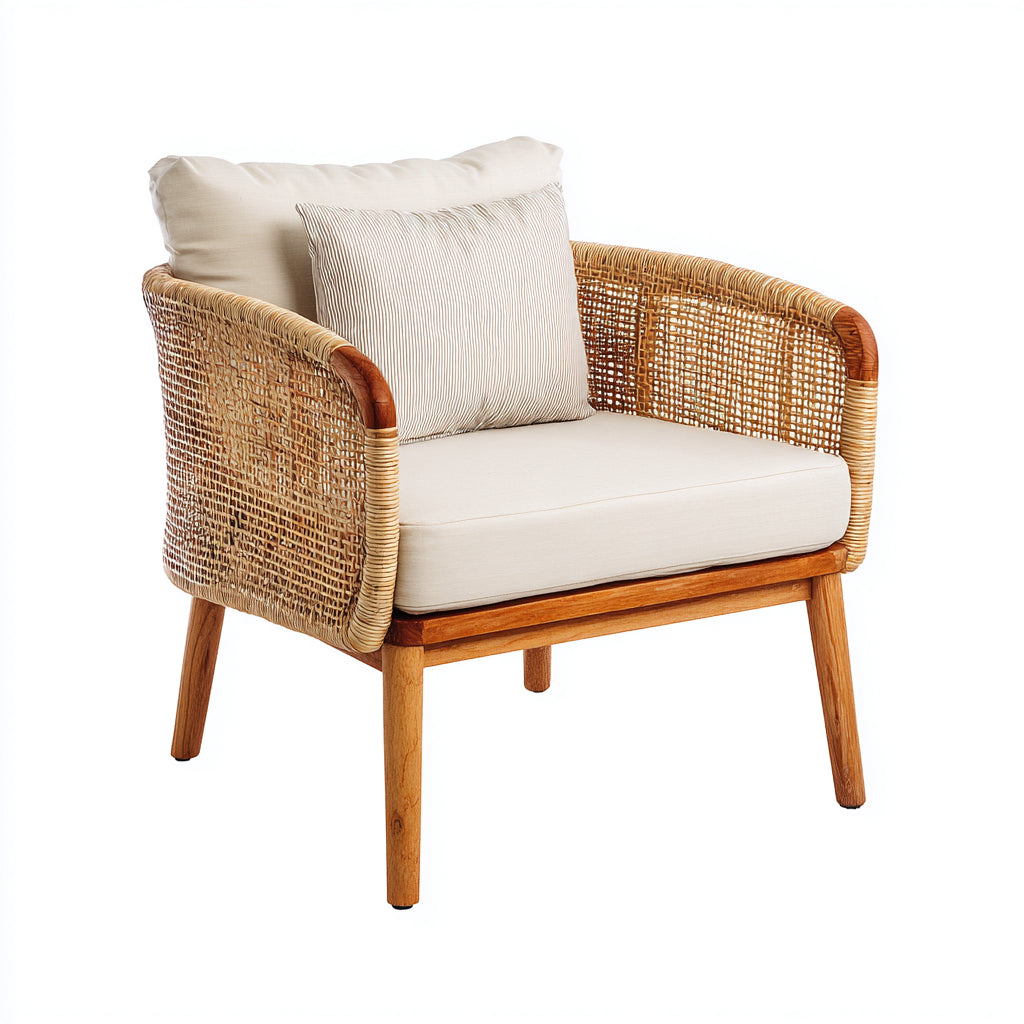 Sillas de jardín de ratán y madera con cojines 84x76x82 cm - natural-beige - estilo bohemio