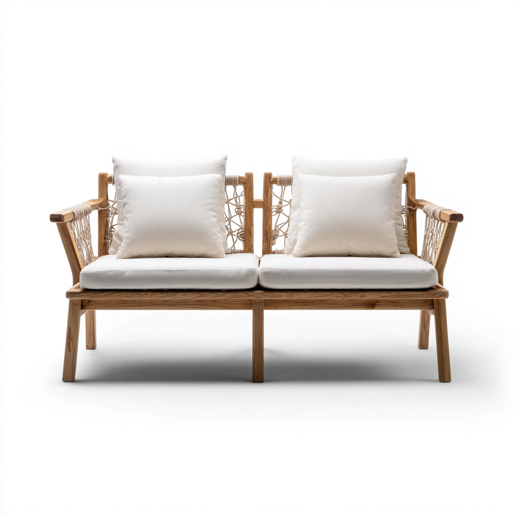 Sofás de exterior de 2 plazas con cuerda y madera 172x80x78 cm - natural-blanco - estilo artesanal