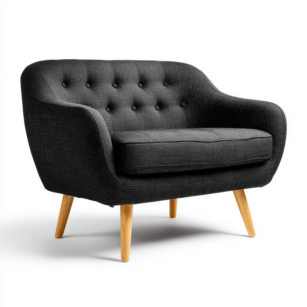 Sofás 2 plazas tapizado en tela 150x82x80 cm - Negro y madera natural - diseño capitoné