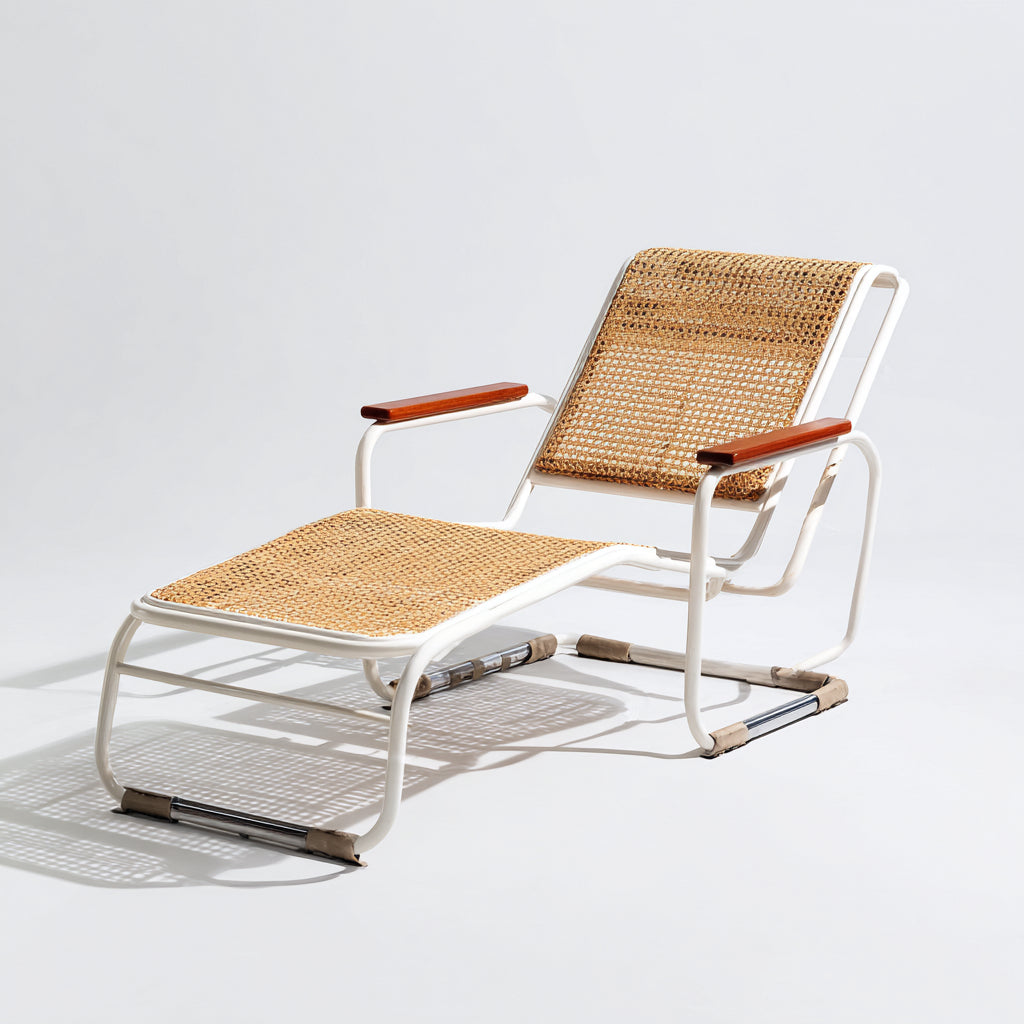 Tumbona de exterior de metal y mimbre 180x65x75 cm - blanco-madera - diseño moderno para jardín
