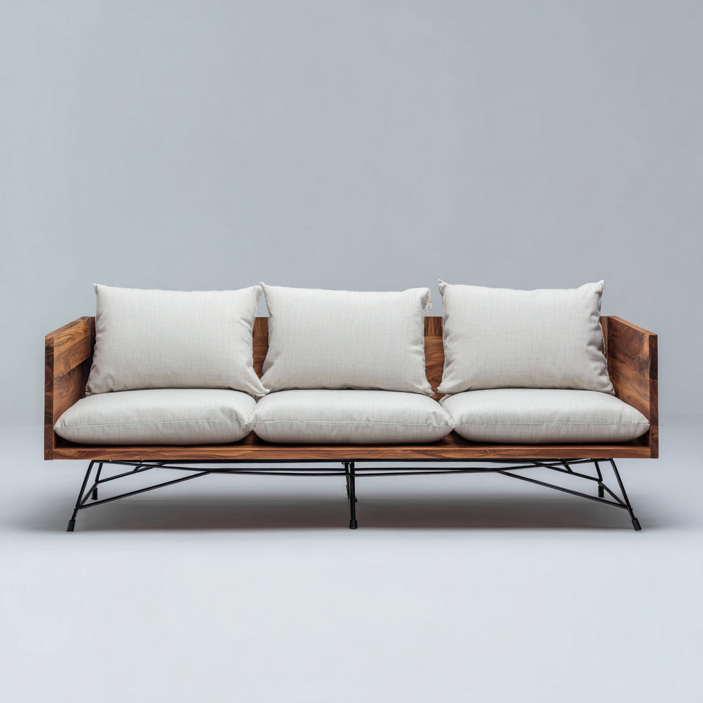Sofás de exterior de 3 plazas con estructura de madera y metal 228x86x76 cm - marrón-beige-negro - estilo industrial