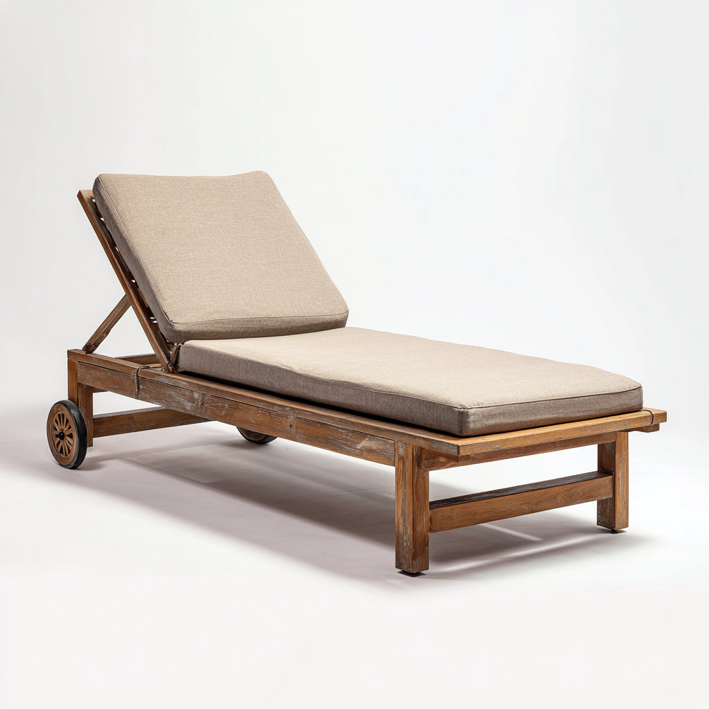 Tumbonas 200x72x92 cm - estructura de madera marrón con acolchado beige - diseño reclinable con ruedas para jardín